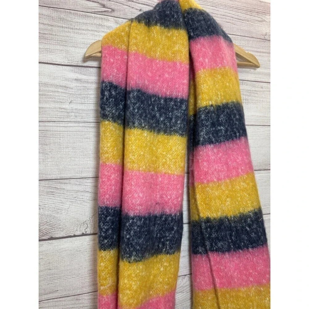 Aerie Scarf Womens Blanket Chunky Blue Yellow Pink Striped Fringe Soft 19